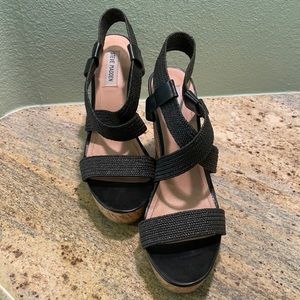 Steve Madden Black Cork Wedge Cross Strap